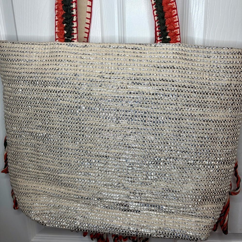 Lilla P Cotton Lurex Coral Cream Silver Metallic Stripe Crochet Beach Tote Bag L - Picture 8 of 13